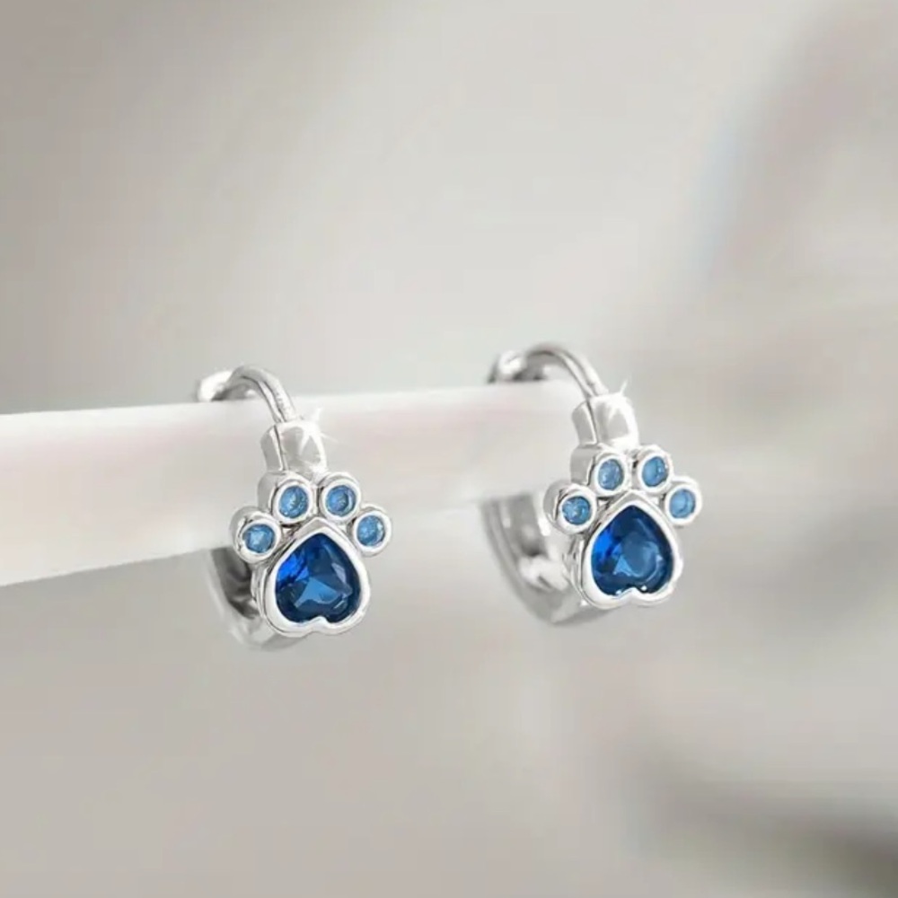 Dog Cat Paw Dainty Print Hoop Earrings with Blue Gemstones